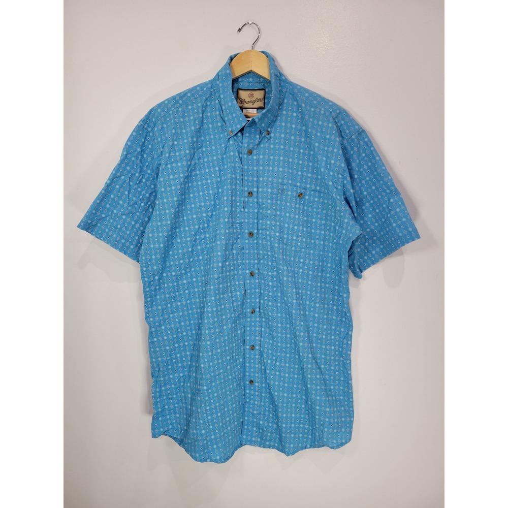 Wrangler Mens Blue Geometric Diamond Print Short Sleeve Button Down Shirt XLT